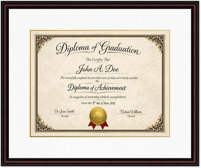Diploma Frame Executive Brown with Oyster Shell Over Gold Double Mat - Fits 17 x 13 International Diploma Wall Display Made in the USA