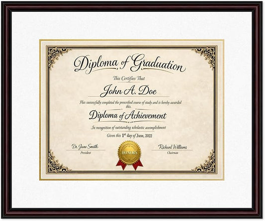 Diploma Frame Executive Brown with Oyster Shell Over Gold Double Mat - Fits 17 x 13 International Diploma Wall Display Made in the USA