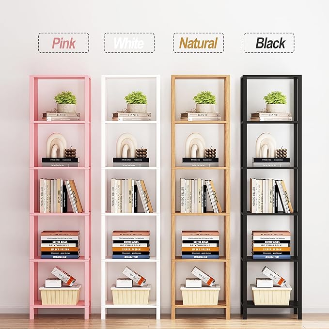 TUTOTAK Bookshelf, 6-Tier Tall Book Shelf, Narrow Bookcase for Small Space, DIY Stackable Bookshelf, for Living Room, Office, Study, Entryway, Industrial, Pink BS01BP006