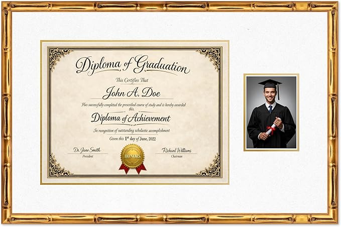 Diploma Frame With Photo Opening Gold Bamboo Oyster Shell Over Gold Mat - Fits 17 x 13 Degree and Picture Made in the USA