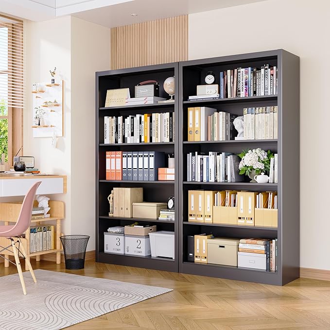 Bookcase, 5 Tier Bookshelves, 14" Deep Book Case for Book/Decor/CD/Movie, Metal Adjustable Book Shelf, 66" Tall Modern Bookshelf for Bedroom Living Room Home Office School (Black, 66"Hx33"Wx14"D)