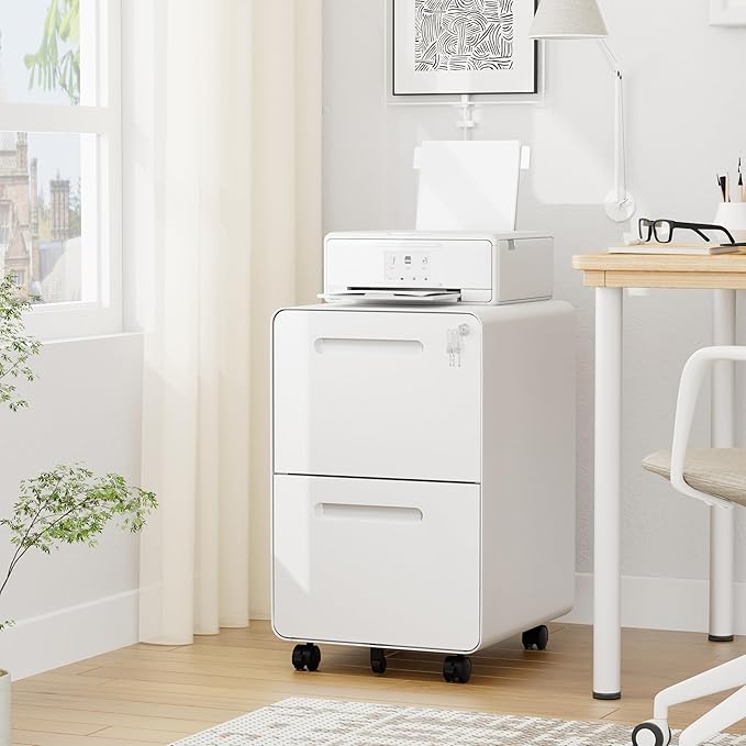 File Cabinet, Mobile Filing Cabinet with Lock, All Steel Structure Printer Stand, Fully Assembled Except Casters, Under Desk Storage for Home Office, 2 Drawers Document Organizer, White