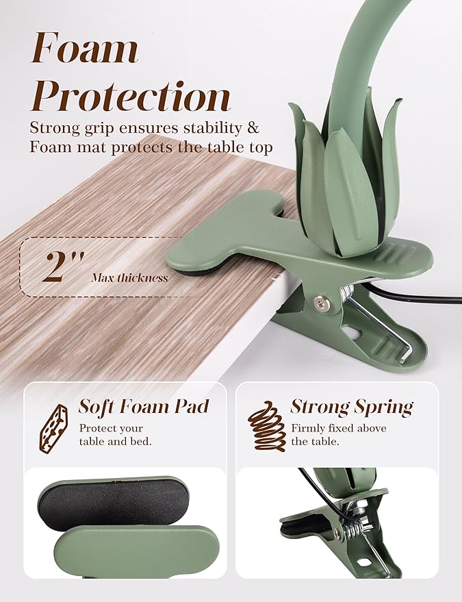 Flower Clip On Desk Lamp for Home and Dorm - Cute Floral Clip On Bedside Book Reading Light, Green Flower Bunk Bed Lighting, Kawaii Led Flexible Gooseneck Table Lamp for Headboard with Clamp