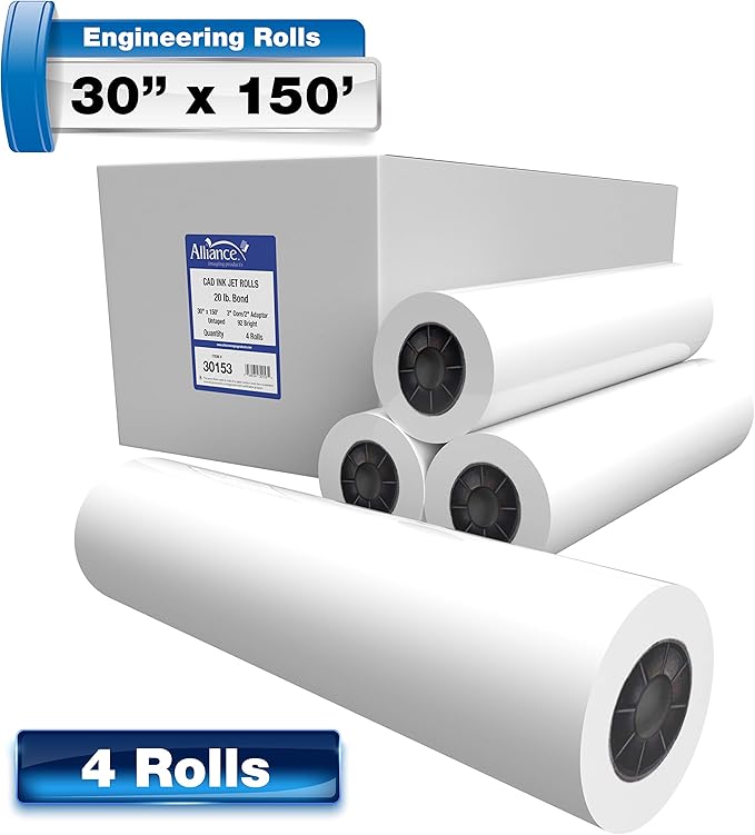 Alliance Wide Format Paper Rolls CAD Bond 30" Widths (4 Rolls, 30 In x 150 Ft | 3" Core)