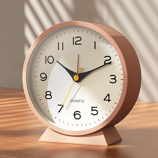 AYRELY® 4.5" Analog Alarm Clock,Small Retro Desk Clock Battery Operated,Slient Metal Table Clock with Light for Living Room Decor,Bedroom,Bedside,Shelf(Light Pink)