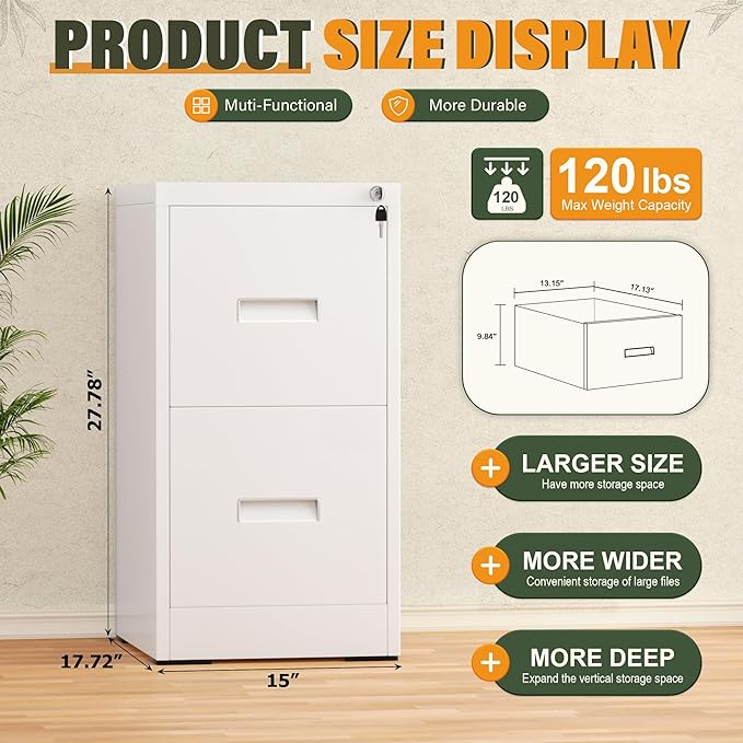 Greenvelly 2 Drawer File Cabinet with Lock, Metal Filing Cabinet for Home Office, Locking Vertical File Cabinet for Home Office, Easy Assemble (White)
