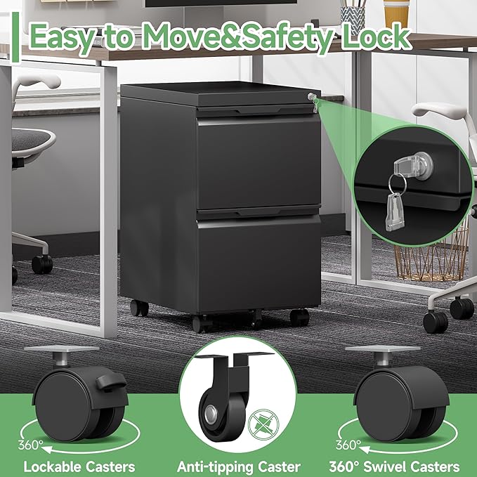 2 Drawer File Cabinet with Lock,Small Filing Cabinet for Home Office,Rolling Metal File Cabinets with Wheels for Letters/Legal/A4 Size, Assembly Required,Black