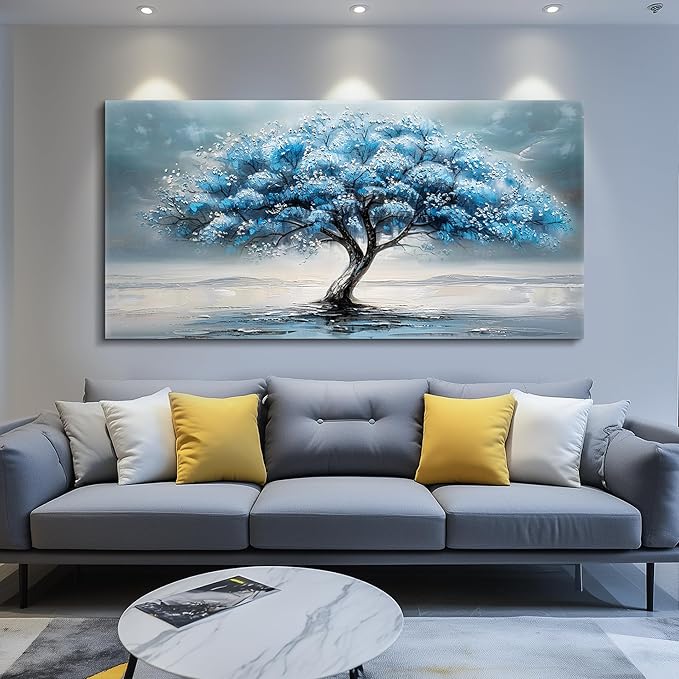 FUHAIHUA Canvas Wall Decor For Living Room Wall Art For Bedroom Large Size Office Decorations Blue Tree Paintings Abstract Wall Pictures Artworks ReadyTo Hang Dormitory Home Decoration 20"X40"
