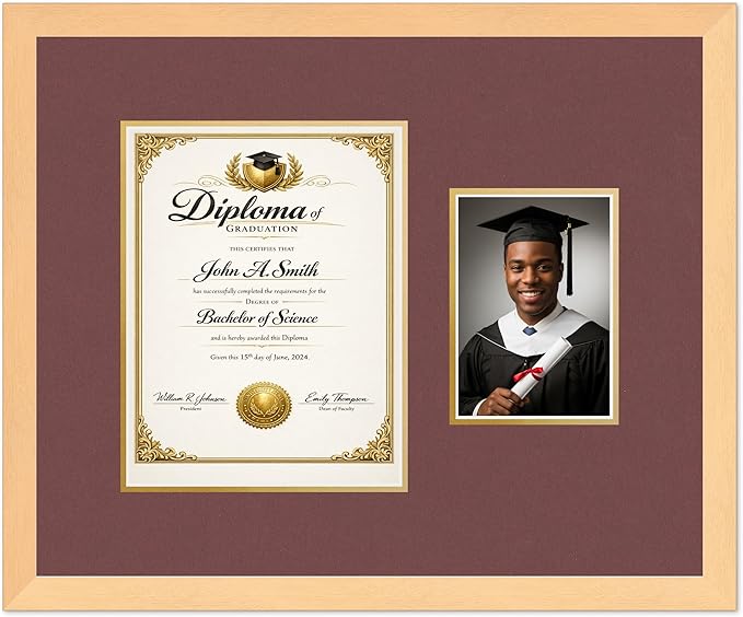 CountryArtHouse Fits 8.5 x 11 Certificate (Portrait) and 5 x 7 Photo Diploma and Photo Frame Natural Wood Genuine Hardwood with Dark Red Over Metallic Gold Double mat