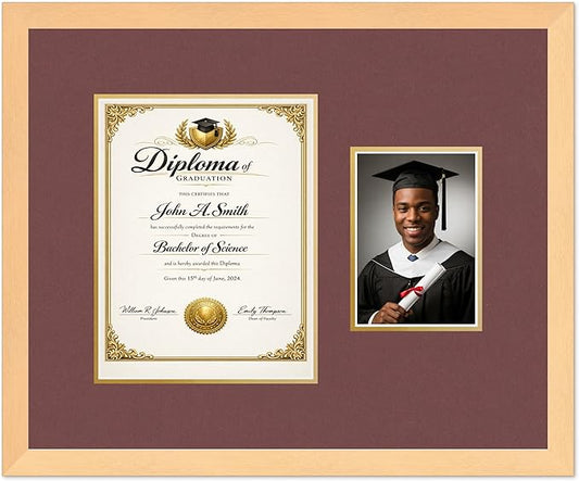 CountryArtHouse Fits 8.5 x 11 Certificate (Portrait) and 5 x 7 Photo Diploma and Photo Frame Natural Wood Genuine Hardwood with Dark Red Over Metallic Gold Double mat