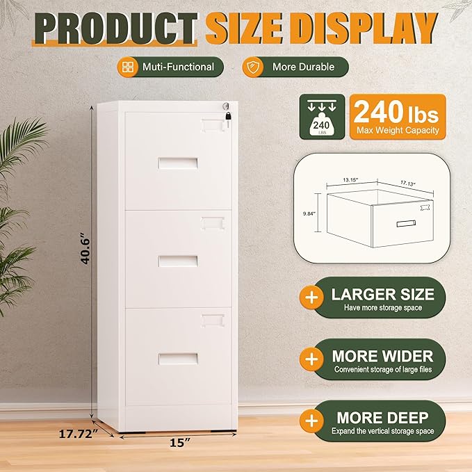 Greenvelly 3 Drawer File Cabinet with Lock, Metal Filing Cabinet for Home Office, Locking Vertical File Cabinet, 18" D File Cabinets for Home Office, Easy Assemble (White)