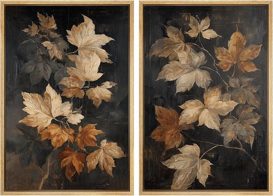 SIGNWIN Framed Canvas Print Wall Art Set Golden Brown Botanical Leaves Vintage Nature Illustrations Modern Art Minimal Boho Relax/Calm for Living Room, Bedroom, Office - 24"x36"x2 Natural