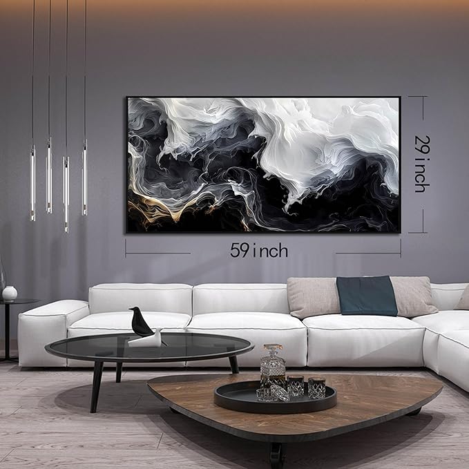 Black Art White Wall Paintings for Living Room 29"x59" Abstract Poster Pictures Wall Mountain Art for Home Hotel