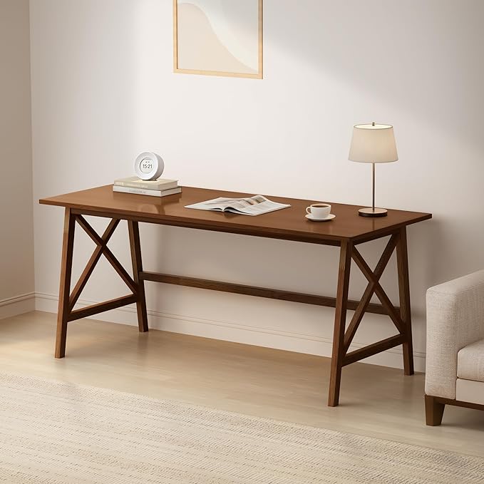 Modern Solid Wood Desk - 60" Simple Computer Table for Home Office Study Writing Workstation in Walnut, 60" W x 24" D
