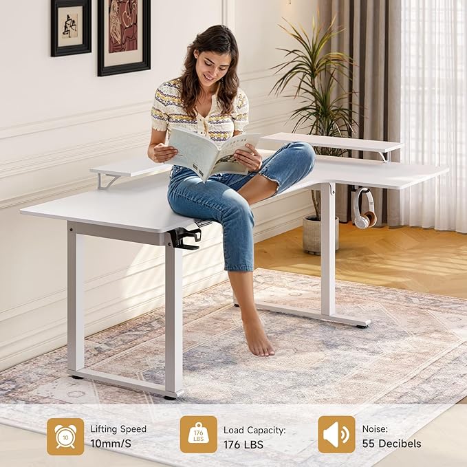 L Shaped Electric Standing Desk, 63x43'' Computer Desks with 2 Monitor Shelves, Dual Motor and Memory Controller, Gaming Corner Desk Adjustable Height from 28-46'' for Home Office Workstation, White