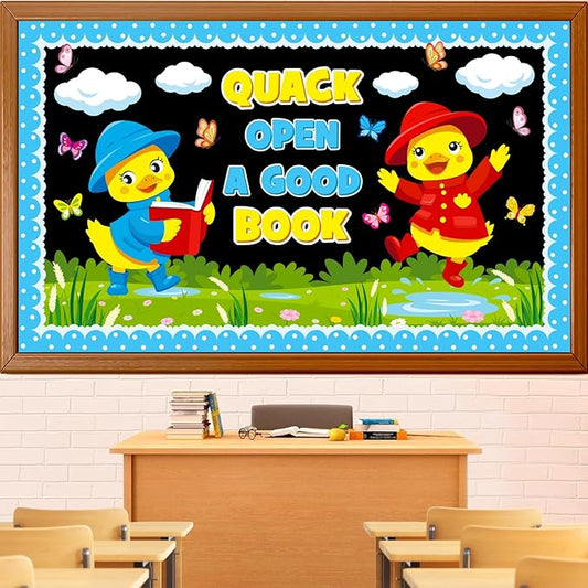 Spring Reading Bulletin Board Decoration Set, Yellow Duck Quack Classroom Decorations Duck Book Butterfly Cutouts March April Library School Nursery Home Window Wall Chalkboard Door Decor for Teacher