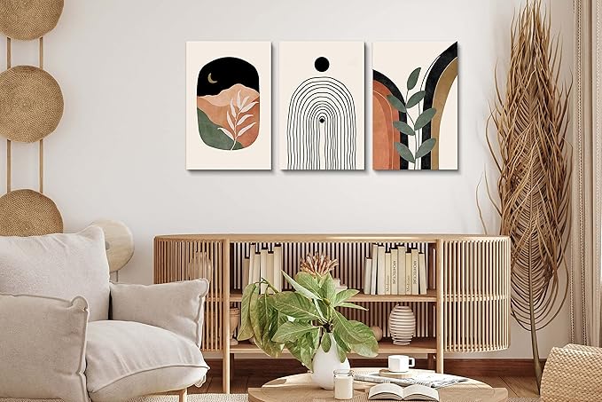 Boho Wall Art Prints Set of 3, Boho Wall Decor, Mid Century Modern Prints Sun Moon Leaf Mountain Canvas Wall Painting, Neutral Abstract Geometric Prints Canvas Artwork Prints for Bedroom Bathroom Living Room Office