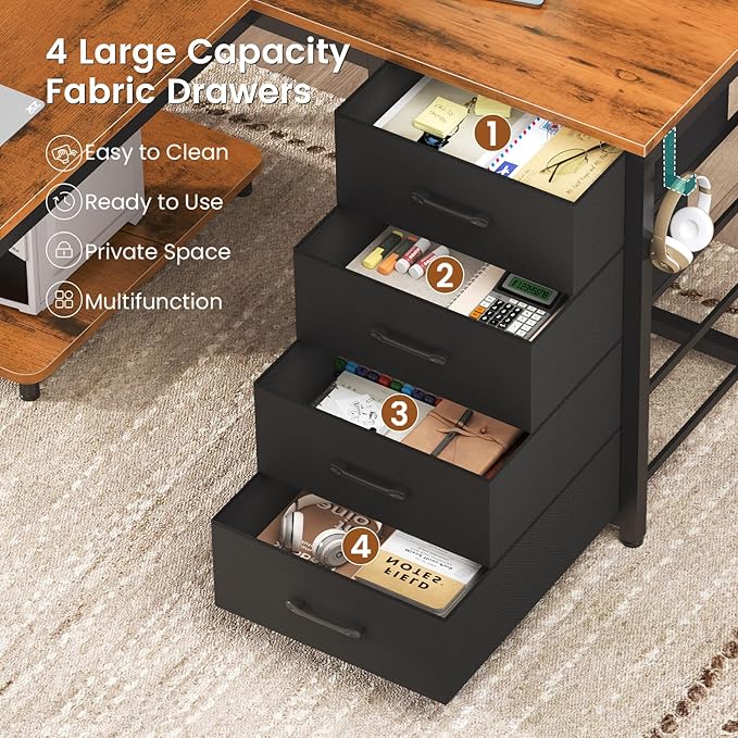 L Shaped Desk, 67" Reversible Computer Desk with 4 Fabric Drawers and Power Outlet, Corner U Shaped Desk with Shelf and Pegboard for Home Office, Rustic Brown