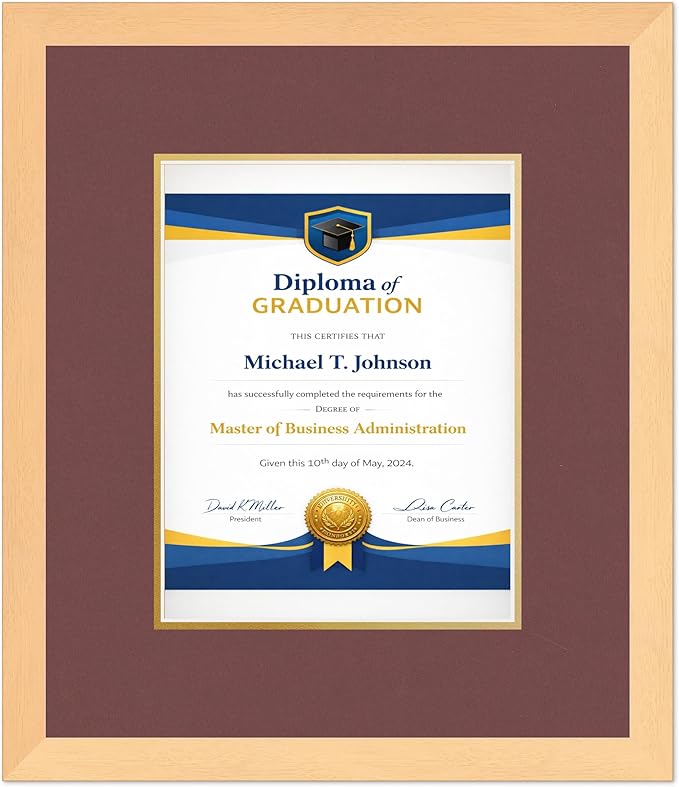 Diploma Frame Natural Wood With Dark Red Over Gold Double Mat - Fits 8.5 x 11 Certificate (Portrait) Wall Display Made in the USA
