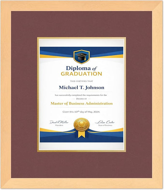 Diploma Frame Natural Wood With Dark Red Over Gold Double Mat - Fits 8.5 x 11 Certificate (Portrait) Wall Display Made in the USA