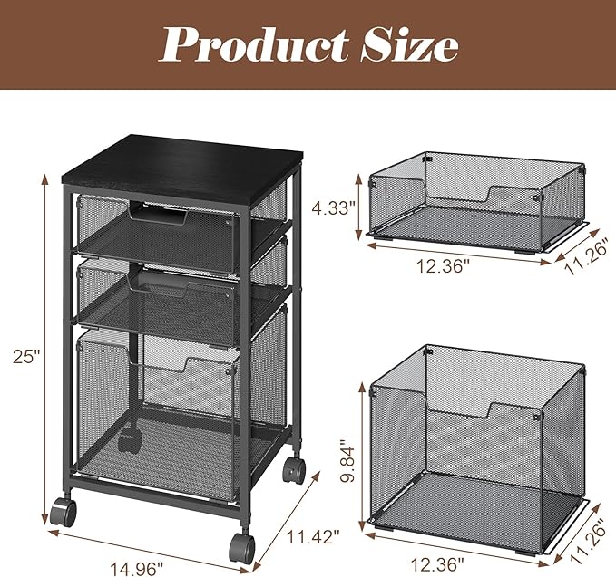 Rolling File Cart with 3 Drawers, Metal Mobile Filing Cabinet for Home Office, Hanging Folder Holder with Printer Stand, Utility Cart Under Desk Storage Organizer with Wheels, Black
