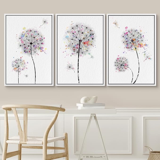 SIGNWIN Framed Canvas Print Wall Art Dandelions & Watercolor Dots Floral Wilderness Drawings Modern Art Rustic Closeup Multicolor Ultra for Living Room, Bedroom, Office - 16"x24"x3 White