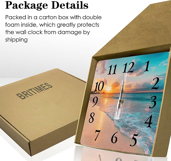 Britimes Wall Clock, Square Silent Non-Ticking Battery Operated Clock 12 Inch, Sea Beach Blue Sky Sand Home Decor for Living Room, Bathroom, Bedroom, Kitchen, Office and School