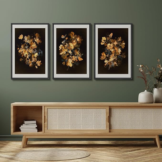 SIGNFORD Framed Wall Art Print Set Golden Blossom Watercolor Floral Warm Botanical Digital Art Modern Art Contemporary for Living Room, Bedroom, Office - 24"x36"x3 BLACK