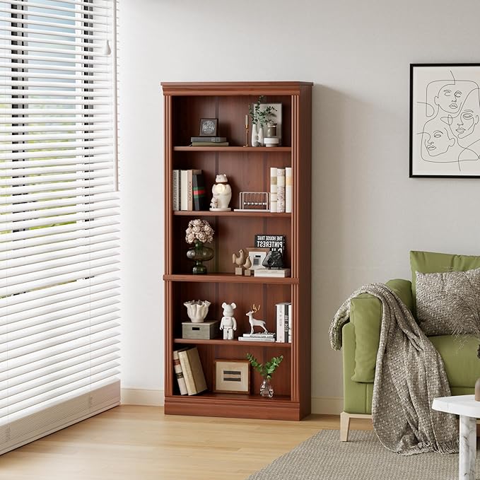 Shahoo 72" Bookcase and Bookshelf, 5-Tier Wood Bookcases with Shelves, Tall Floor Standing Book Shelf Storage Cabinet Home Decor Furniture for Living Room, Home Office, Cherry Brown, 1Pcs