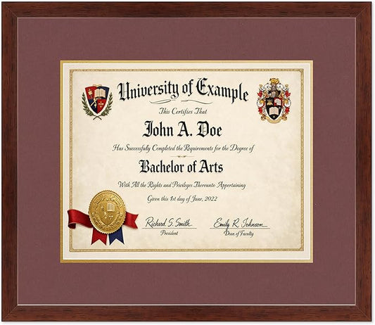CountryArtHouse Diploma Frame Fits 15 x 12 Military/Government - Keepsake Graduation Display Rustic Walnut Genuine Hardwood with Dark Red Over Metallic Gold Double mat