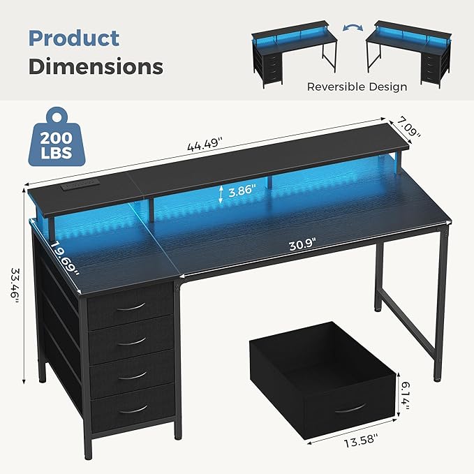 DUMOS 47 Inch Computer Desk with 4 Drawers,4 Drawer Gaming Desk with with Power Outlets and LED Lights,Office Desk for Small Spaces with Monitor Shelf,Writing Desk for Home Office, Bedroom,Study,Black