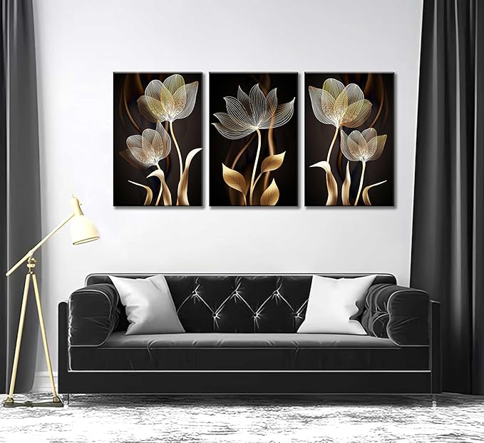 3 Pieces Modern Abstract Brown Flowers Canvas Wall Art Minimalism Black and Gold Floral Painting Pictures Luxury Wall Decor Posters Print Artwork for living room Office Bedroom Home Decoration