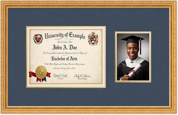 CountryArtHouse Fits 11 x 8.5 US Letter Certificate and 5 x 7 Photo Diploma and Photo Frame Museum Gold Genuine Hardwood with Navy Blue Over Metallic Gold Double mat