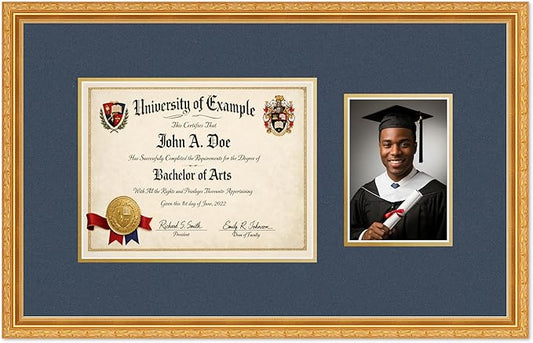 CountryArtHouse Fits 11 x 8.5 US Letter Certificate and 5 x 7 Photo Diploma and Photo Frame Museum Gold Genuine Hardwood with Navy Blue Over Metallic Gold Double mat
