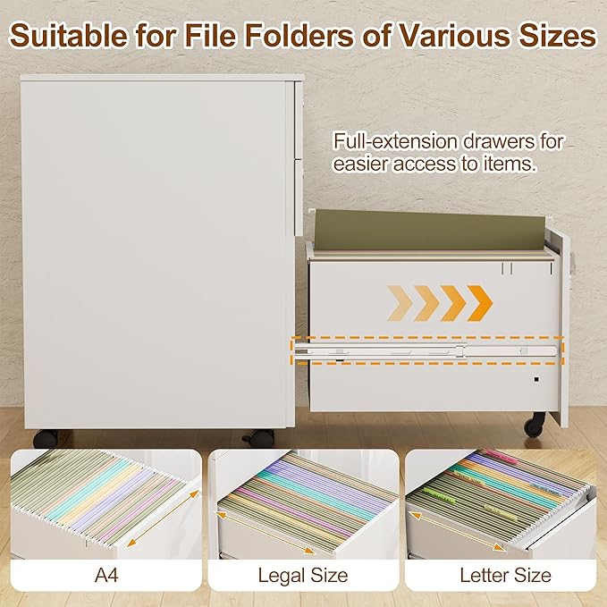 3 Drawers File Cabinet with 3 Lock, Mobile Metal Filing Cabinet, Fully Assembled Except Casters, for Home Office, for A4, Letter, Legal File Folders, White