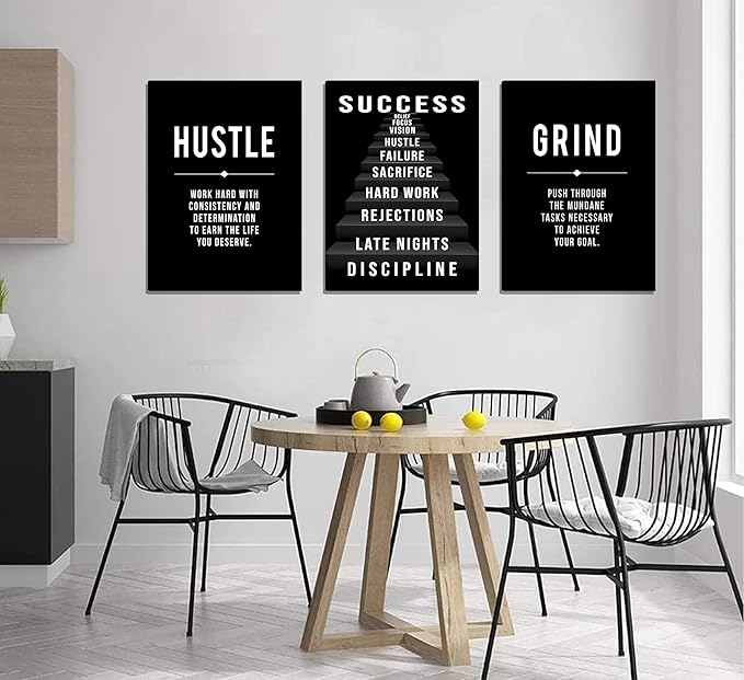 3Pcs Framed Black and White Inspirational Phrases Wall Art Stairway to Success Canvas Posters Prints Never Give Up Pictures Paintings Office Wall Decor for Home Gym Workplace