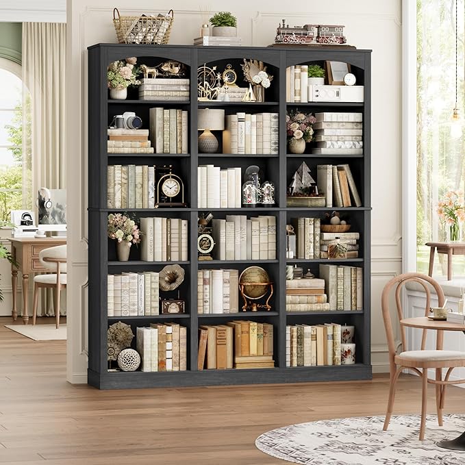 FACBOTALL 71" Triple Wide Bookshelf, 6 Tier Tall Bookshelf, Large Arched Bookcase with Curved Baffle, 63.4" Wide Book Shelf with 18 Open Display Shelves for Living Room, Study, Dark Grey