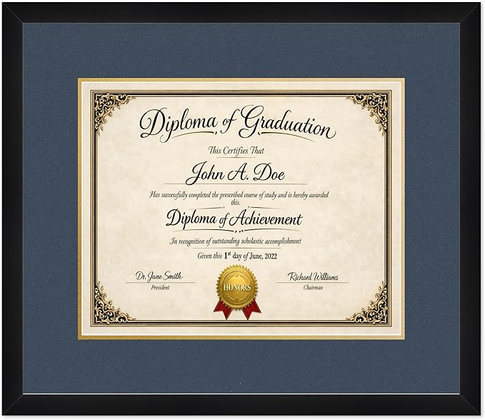 Diploma Frame Matte Black with Navy Blue Over Gold Double Mat - Fits 15 x 12 Military/Government Wall Display Made in the USA