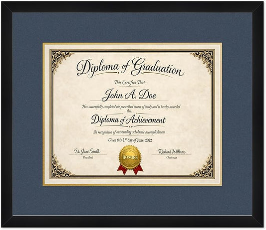 Diploma Frame Matte Black with Navy Blue Over Gold Double Mat - Fits 15 x 12 Military/Government Wall Display Made in the USA
