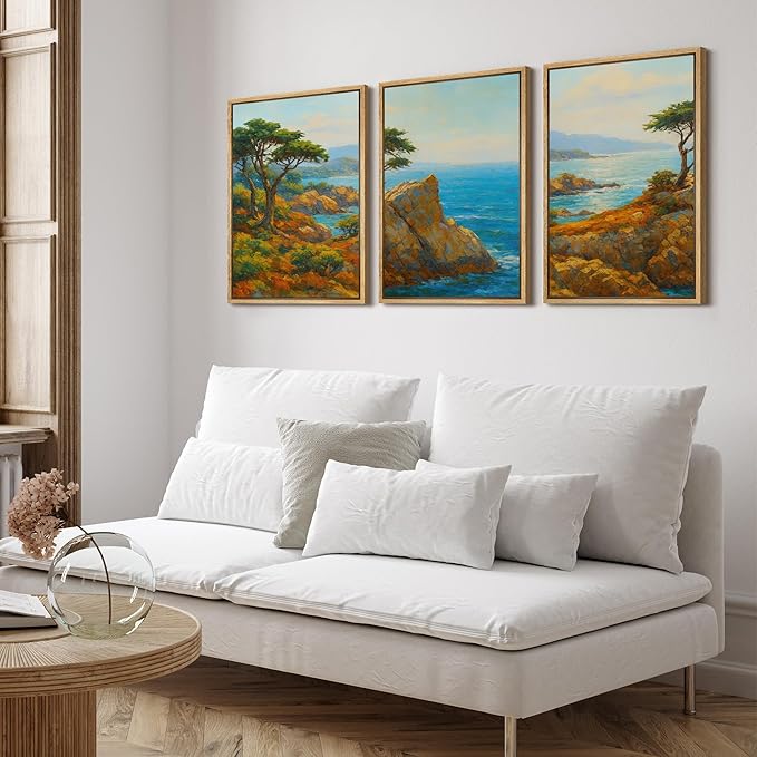 SIGNFORD Framed Wall Art Print Set Bright Coastal Cliffs and Ocean View Vibrant Seascape Digital Art Modern Art Contemporary for Living Room, Bedroom, Office - 16"x24"x3 Natural