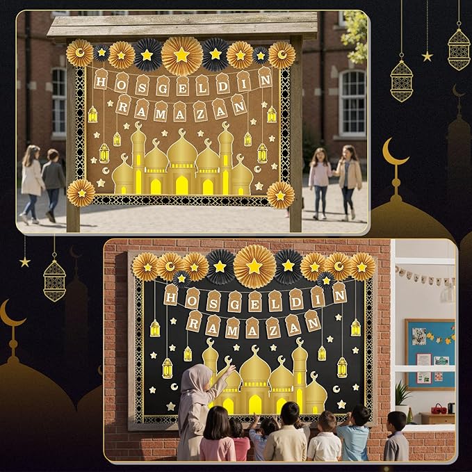 Ramadan Bulletin Board Decorations Set Hosgeldin Ramadan Classroom Decor with 3D Paper Fans Black Gold Mosque Eid Moon Star Lantern Cutouts for Wall Door Muslim Holiday Mubarak Eid Display