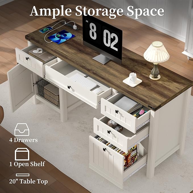 Executive Desk, Modern Farmhouse Computer Desk with Drawers & Cabinet, Home Office Desk for Work Study Writing Workspace (Antique White, 62")