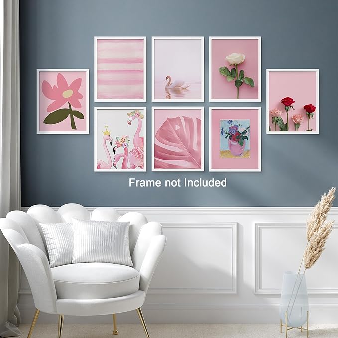 SIGNWIN Adhesive Canvas Poster Bathroom Decor, Wall Art Room Decor Multicolor for Living Room, Bedroom, Office Pink Swan Botanical Flower Daisy Rose Monstera Nature Abstract Shapes - 8"x10"x 8