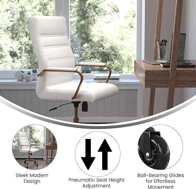 Flash Furniture Whitney High Back White LeatherSoft Executive Swivel Office Chair with Gold Frame, Arms, and Transparent Roller Wheels