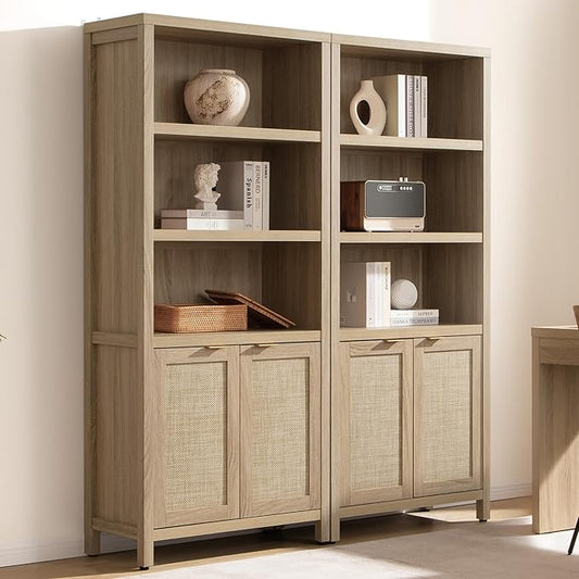 SICOTAS Bookcase 71" Tall Bookshelf 5 Tier Rattan Boho Bookcase with Doors Storage Large Book Case Shelf Farmhouse Bookshelves Library Book Shelves for Living Room Bedroom Home Office Kitchen
