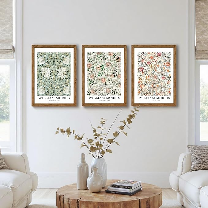 InspiredHues 3 Pieces William Morris Classic Canvas Wall Art, Green Pink and White Floral Design Wall Decor, Vintage Botanical Art Prints for Living Room Office Home Decoration 16x24 inch Wood Framed