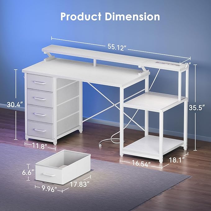 ODK 55 Inch Computer Desk with 4 Drawers, Office Desk with Power Outlets, Printer Shelf & Storage Shelves, Large Writing Study Table for Home, Bedroom, Study or Gaming Setup, White