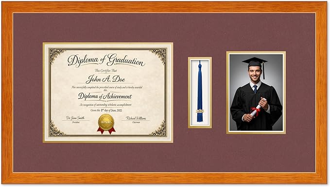 Diploma Tassel and Photo Frame Honey Oak Shadowbox Dark Red Over Gold Mat - Fits 11 x 8.5 Degree Picture Made in the USA