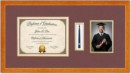 Diploma Tassel and Photo Frame Honey Oak Shadowbox Dark Red Over Gold Mat - Fits 11 x 8.5 Degree Picture Made in the USA