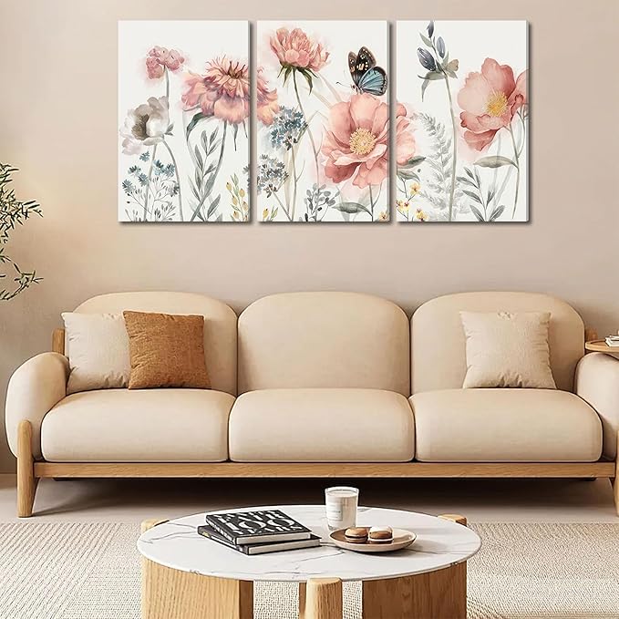 3pcs Pink Peony Floral Canvas Wall Art Butterfly Blossom Wall Decor Pictures Watercolor Bouquet Posters Prints For Living Room Classroom Bedroom Decoration Prepare To Hang